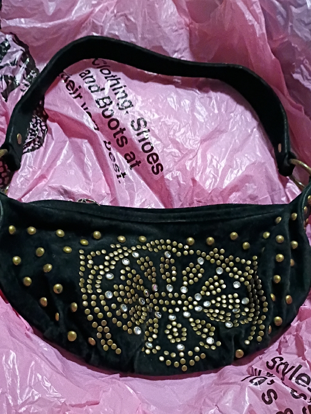 Wilsons Leather Black Shoulder Bag with Gold Stud and Rhinestone Detail